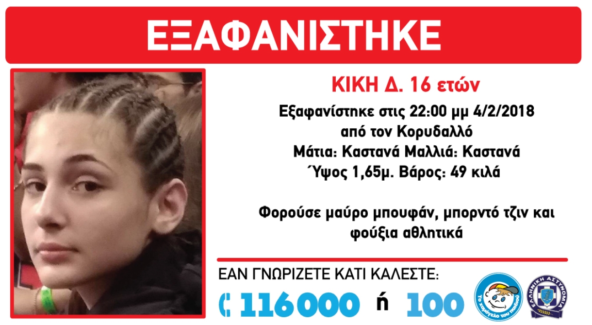 Εντοπίσθηκε η 16άχρονη Κική Δ.- Ασφαλής επέστρεψε στο σπίτι της οικογένειας